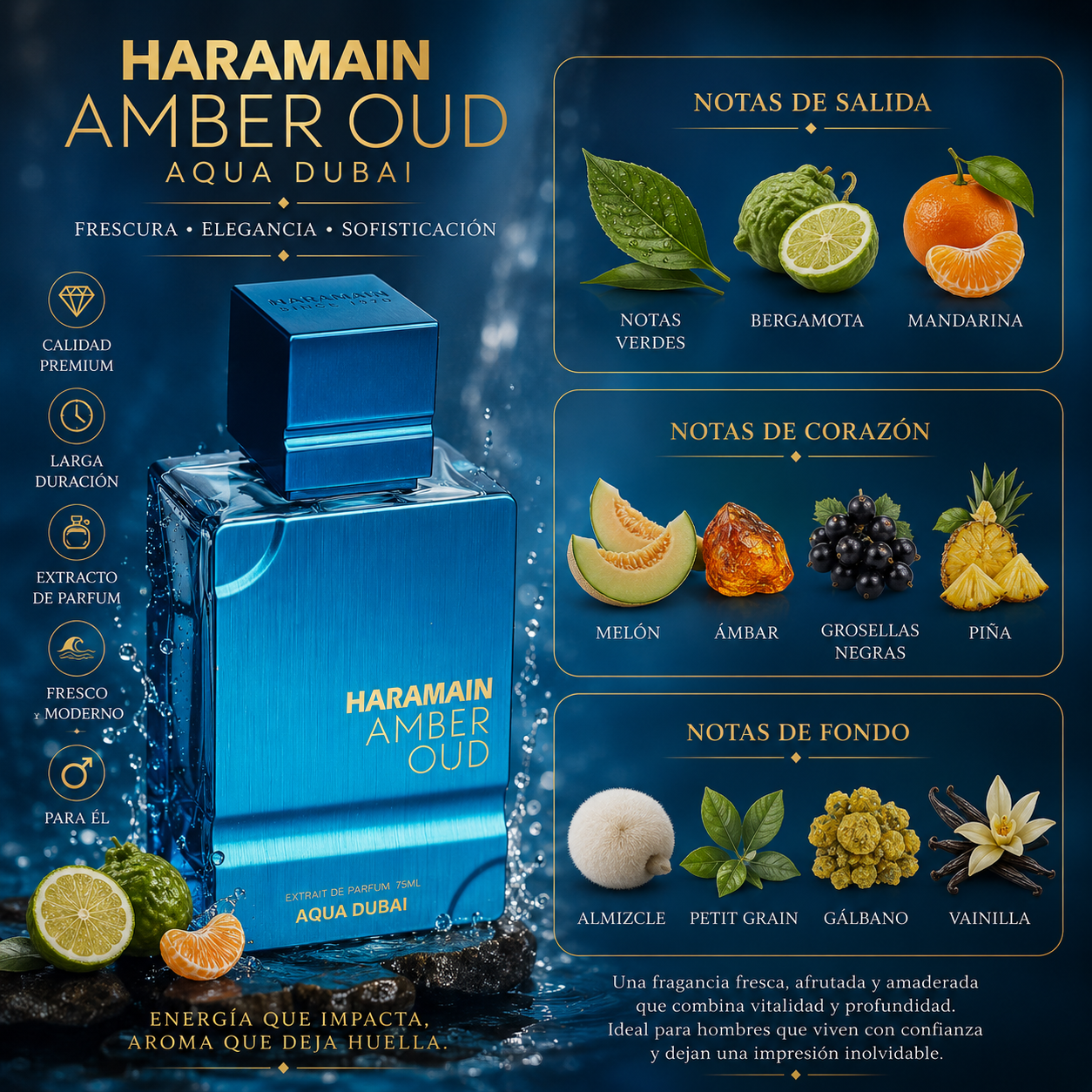 Amber Oud Aqua Dubai, Al Haramain, Extracto de Parfum, 100ml