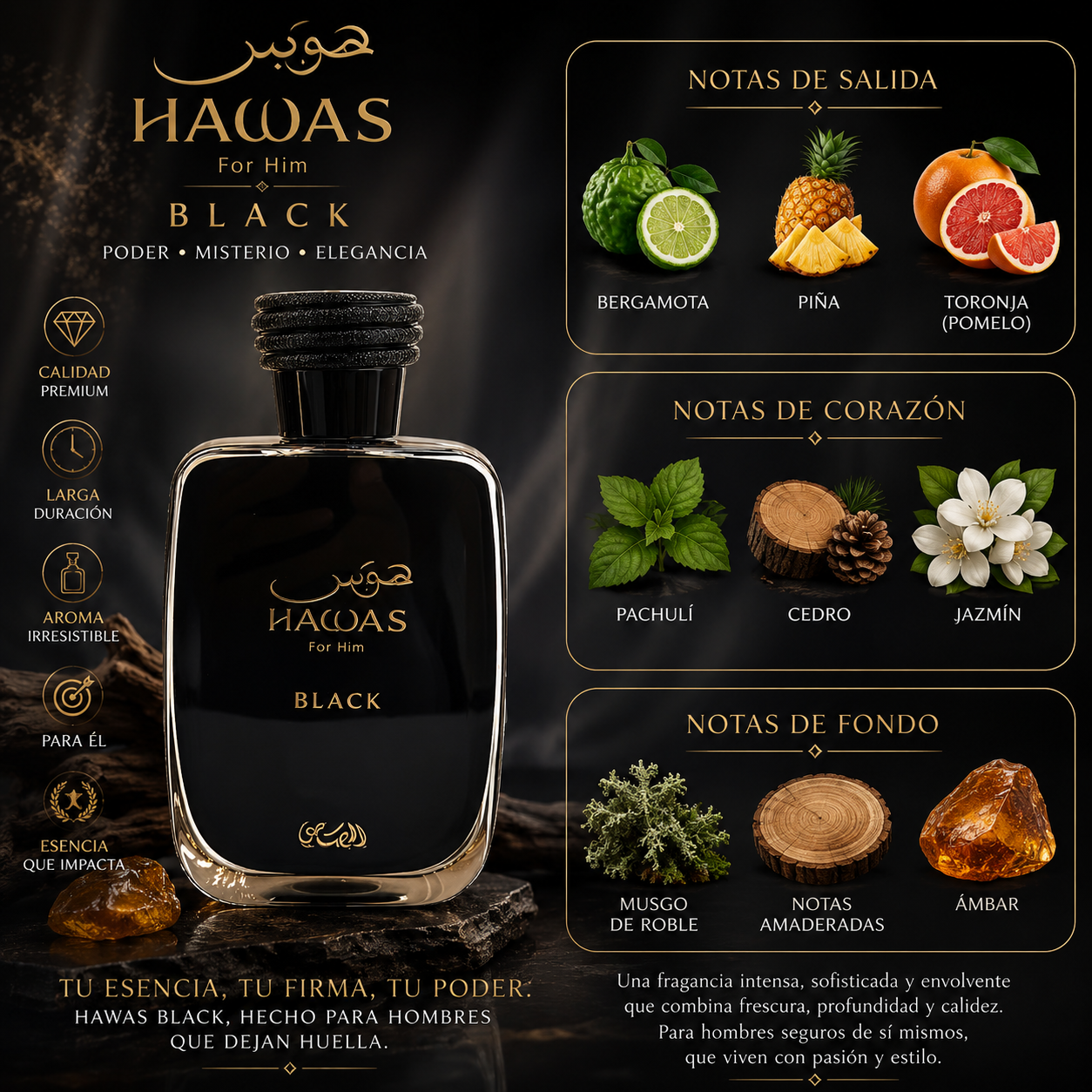 Hawas Black, Rasasi, Eau de Parfum, Hombre, 100ml