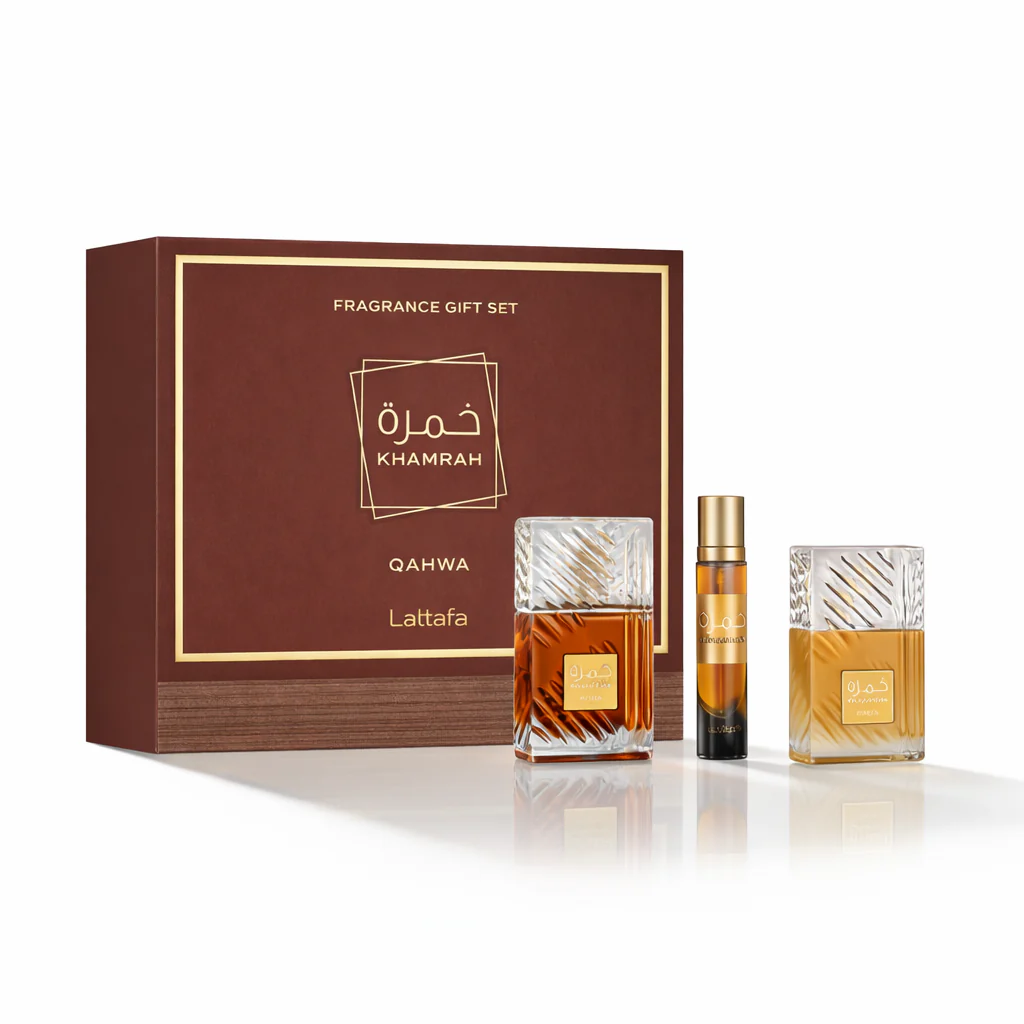 Set Khamrah Qahwa, Lattafa, 12Ml Spray Viajero, Gel De Cabello, 3 Pcs